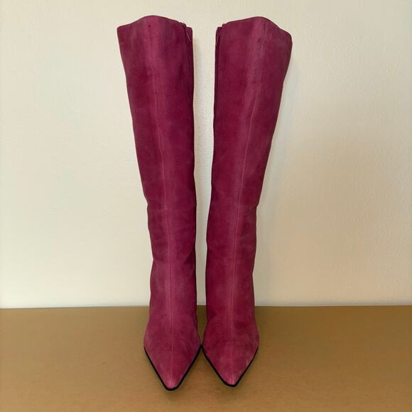 Colin Stuart Suede Stiletto Boots Womens 8.5 Hot Pink Pointed Toe Knee High Heel - Picture 3 of 9